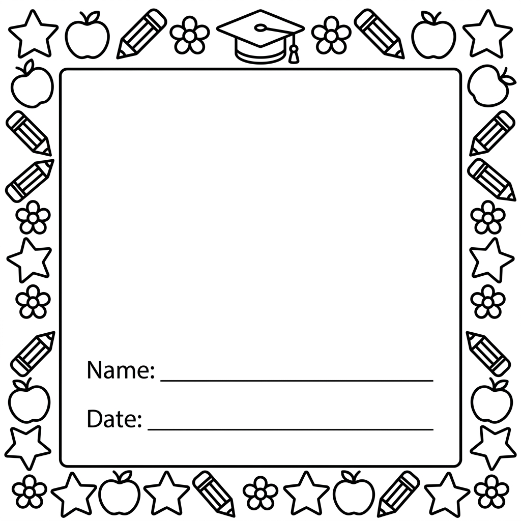 Welcome to preschool coloring page of a decorative first day certificate frame with stars, apples, pencils, and a name line